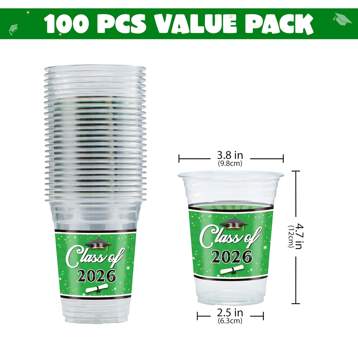 JOYIN 16oz green plastic cups ideal for graduation receptions and to-go drinks.