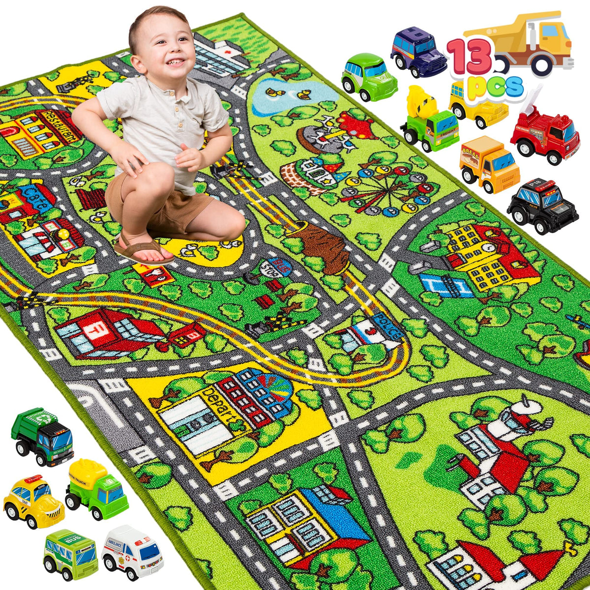 JOYIN Carpet Playmat shows a vibrant city scene for imaginative play.