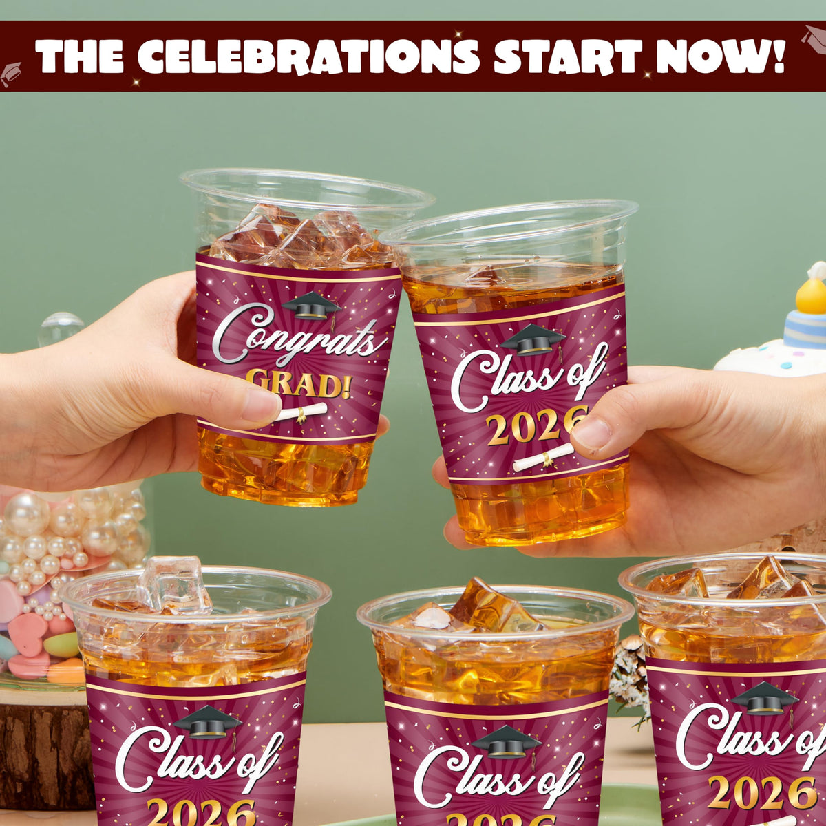 JOYIN graduation cups arranged on a party table for beverages