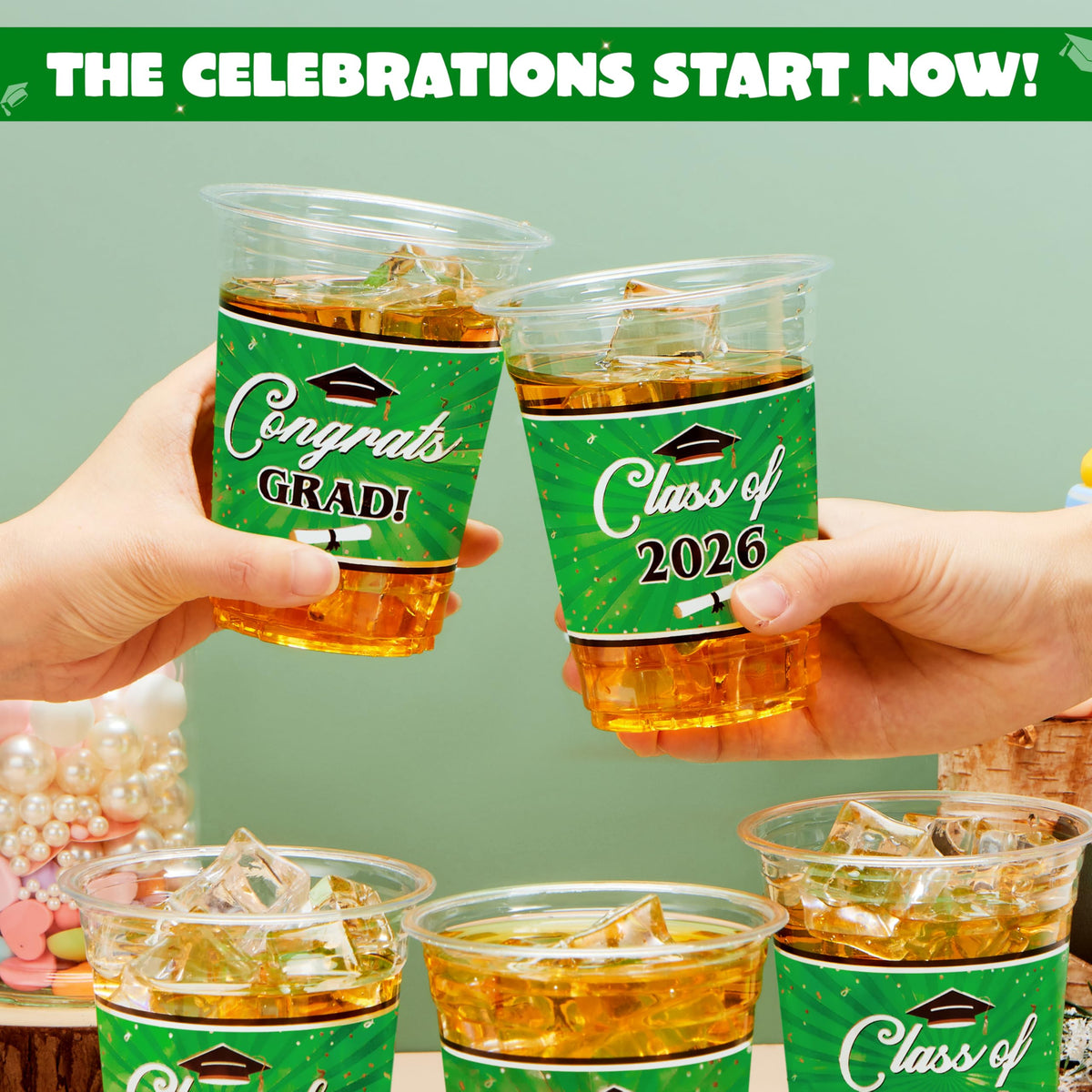 JOYIN green plastic cups for parties offer sturdy grip and versatile beverage compatibility.