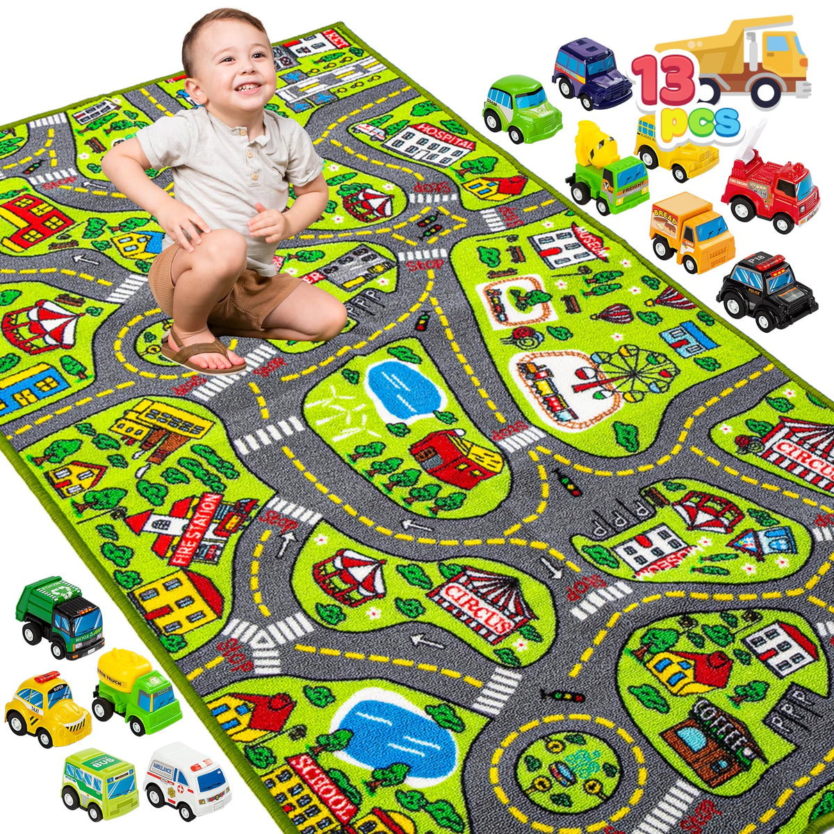 JOYIN 12 piece pull back vehicles on a bright play rug for imaginative play