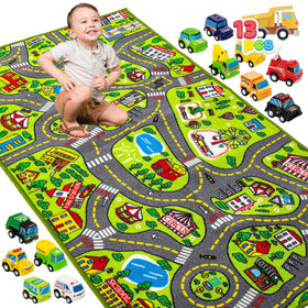 JOYIN 12 piece pull back vehicles on a bright play rug for imaginative play