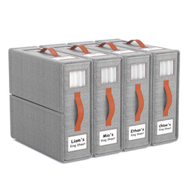 Joymeezo bed sheet organizer with handles keeps linen neat and accessible on shelves.