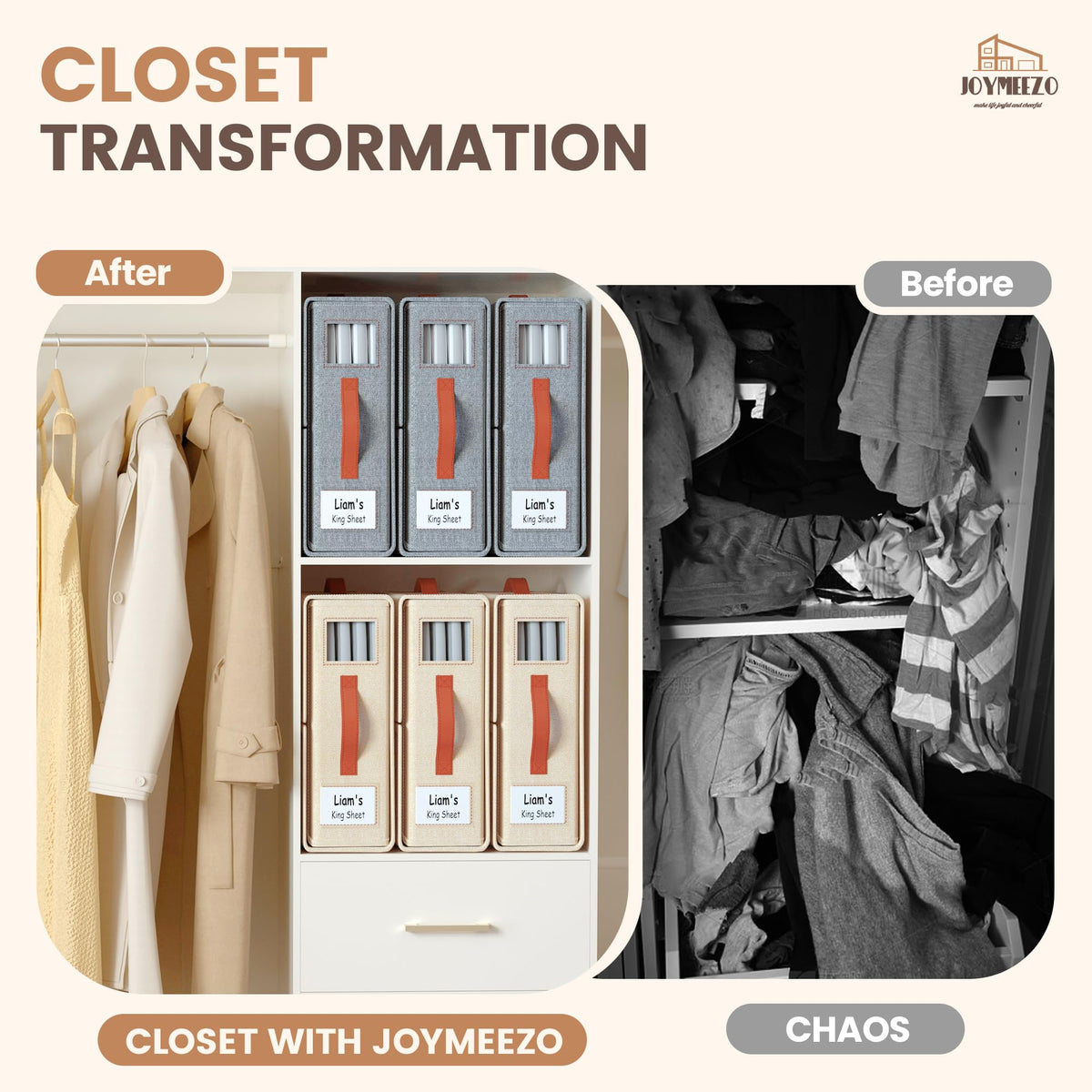 Joymeezo storage solution saves space in closets and shelves.