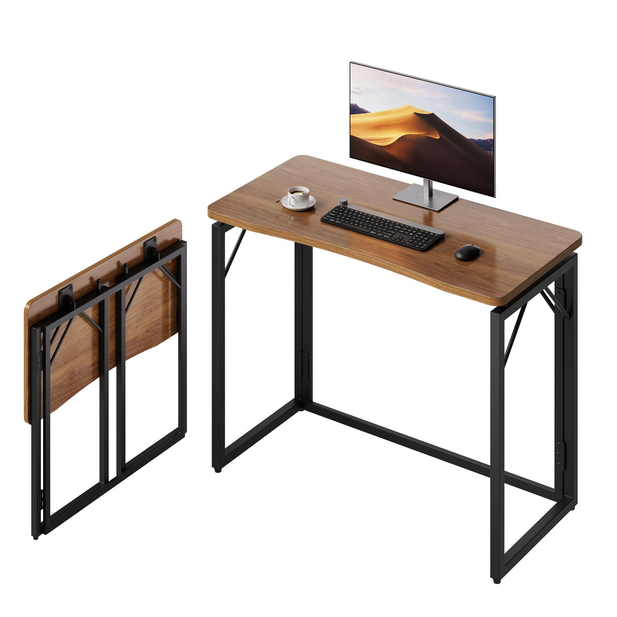 JOYMOOP 31.5-inch folding desk with brown wood top for compact living spaces.