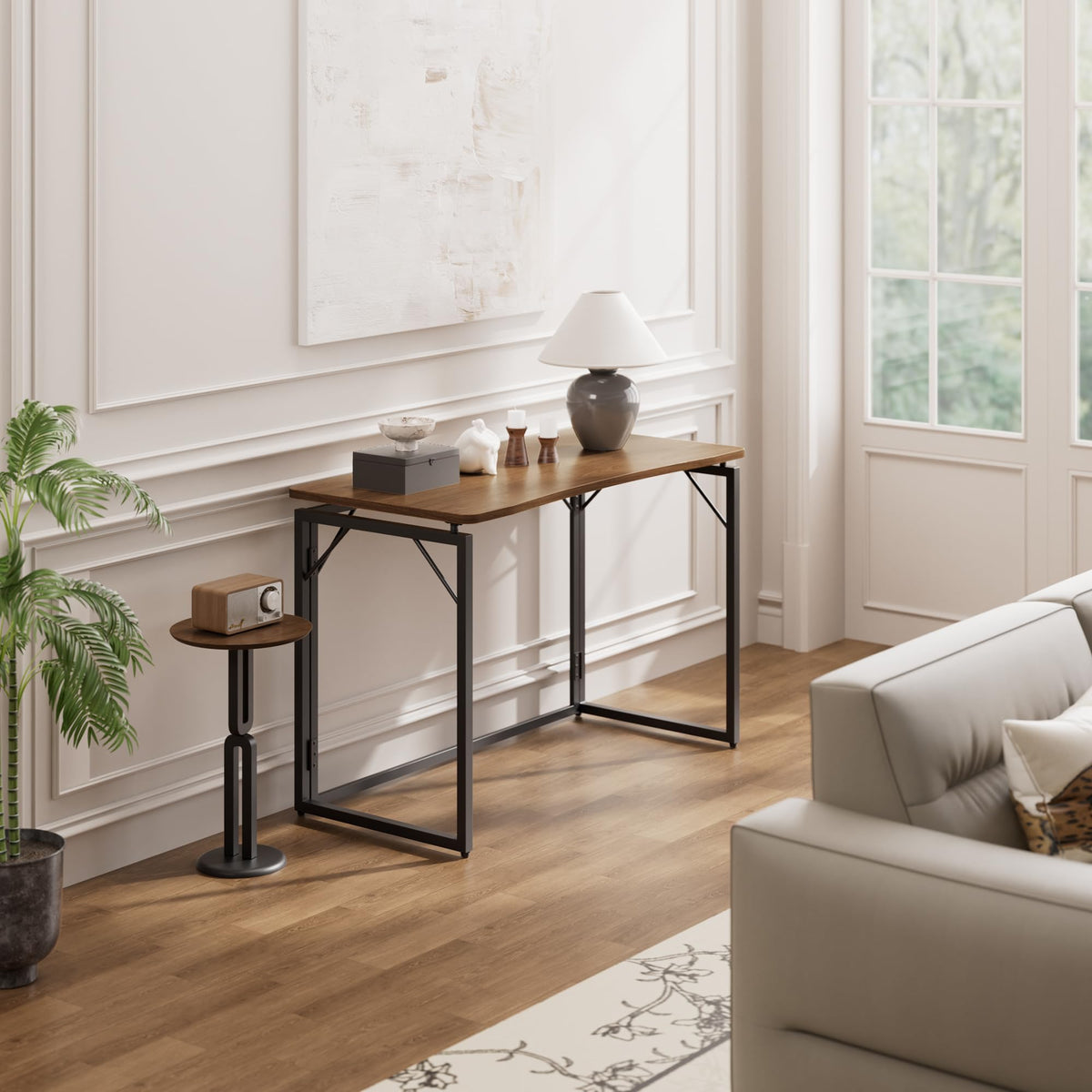 JOYMOOP desk in home office setting provides a compact, tidy surface.