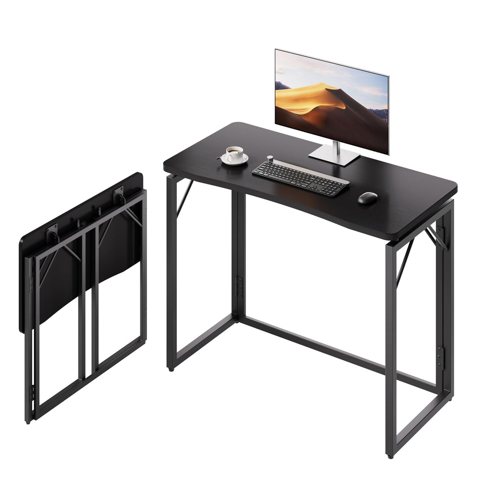Joymoop Black 31.5 folding desk closed, space-saving storage solution.