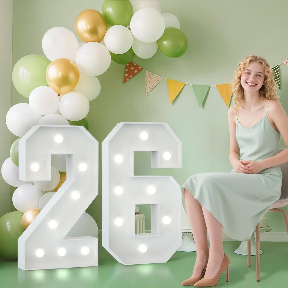 JoyMuse 2.3ft marquee numbers serve as a striking photo backdrop for celebrations.