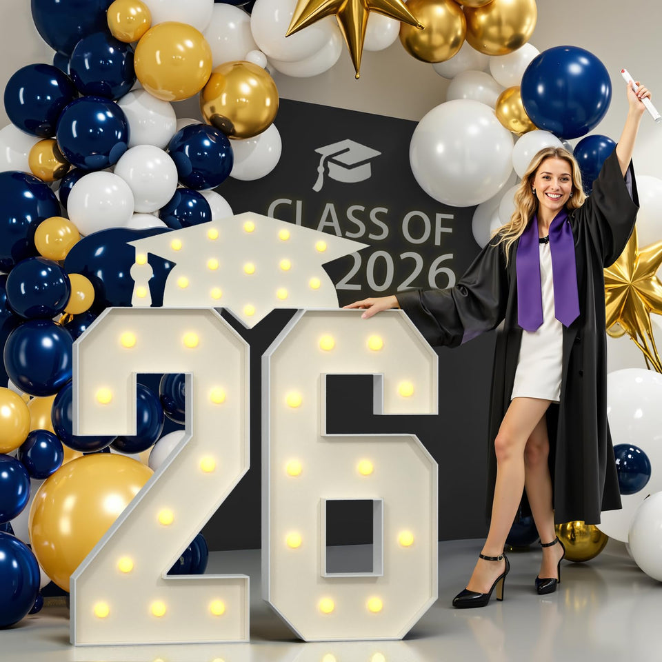 JoyMuse 2026 graduation numbers 4ft bundle glowing for vibrant photo backdrops.