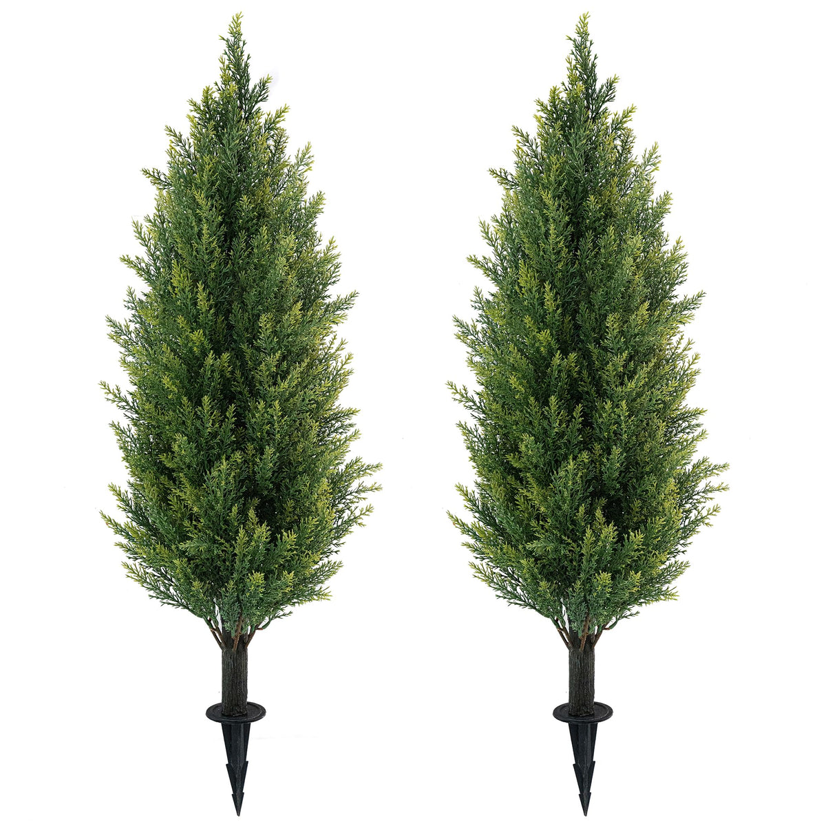 JoyPower 3ft artificial cedar topiaries with ground spikes for quick outdoor setup.