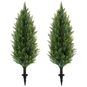 JoyPower 3ft artificial cedar topiaries with ground spikes for quick outdoor setup.