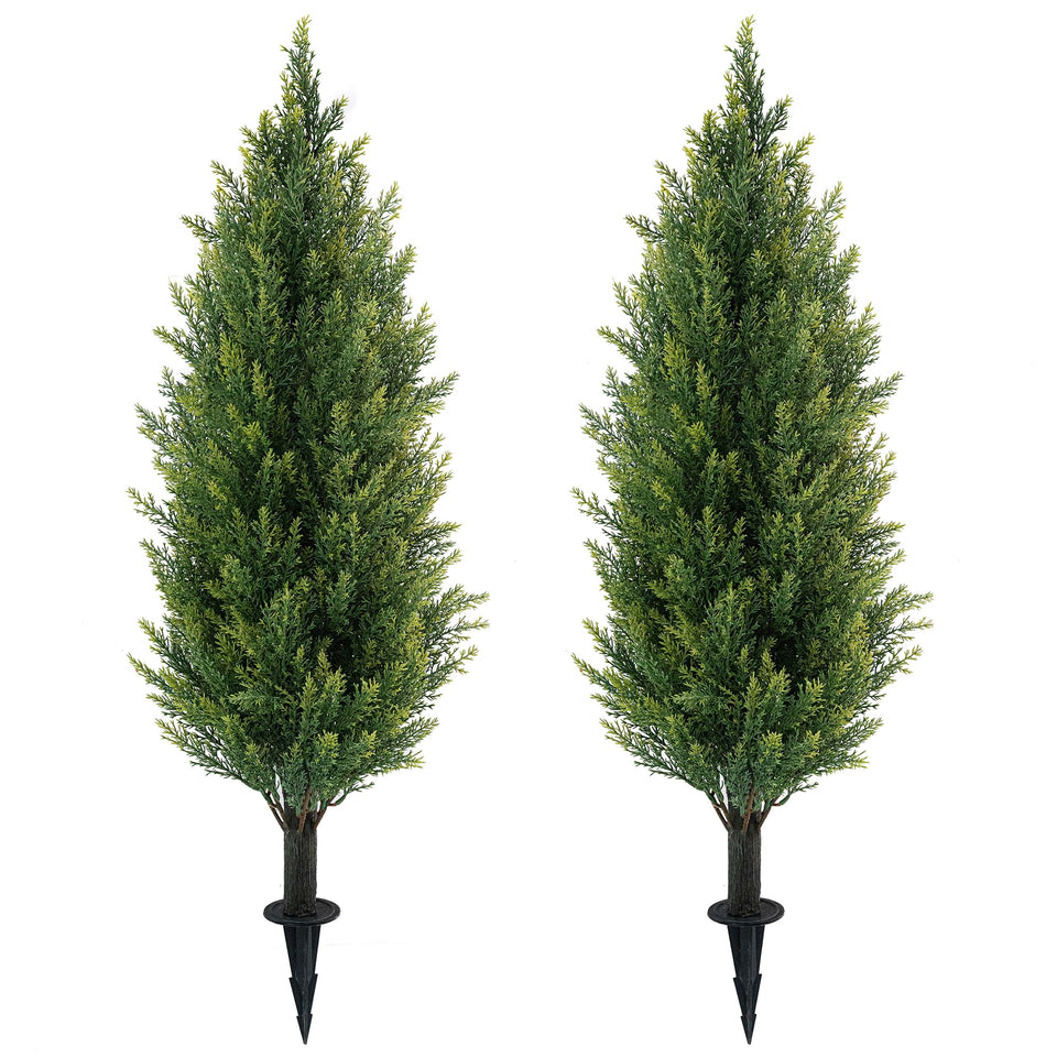 JoyPower 3ft artificial cedar topiaries with ground spikes for quick outdoor setup.