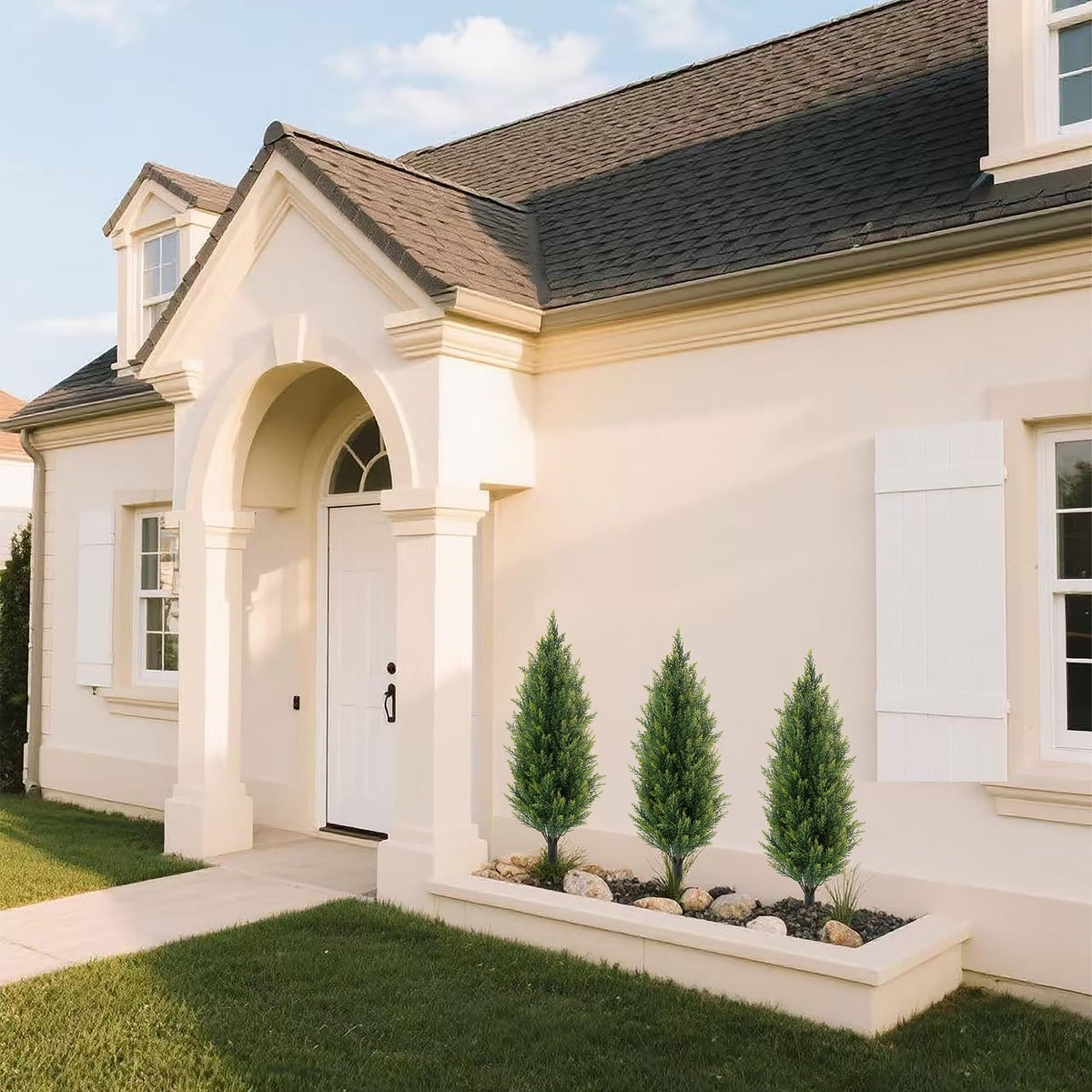 JoyPower topiaries reach about 30 inches for balanced doorway framing.
