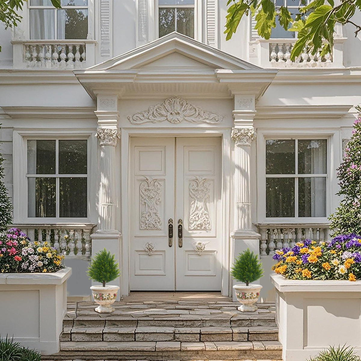 Two JoyPower topiary trees framing a front door for balanced entrance