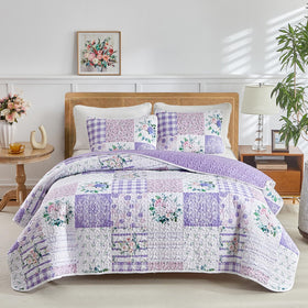 Joyreap floral quilt set with purple-pink flowers for all-season warmth