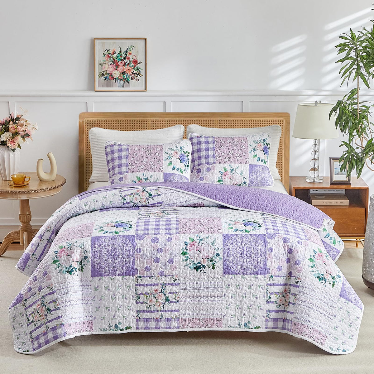 Joyreap floral quilt set twin, front view, ultra-soft microfiber for all-season comfort.