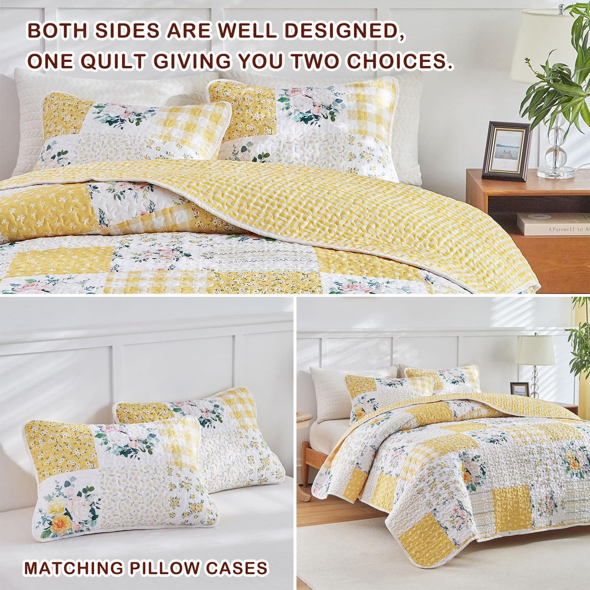 Soft lighting highlights this quilt's vibrant yellow floral motif