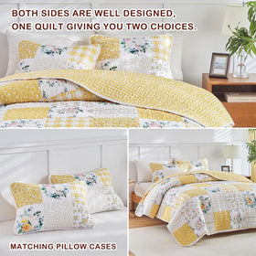 Soft lighting highlights this quilt's vibrant yellow floral motif