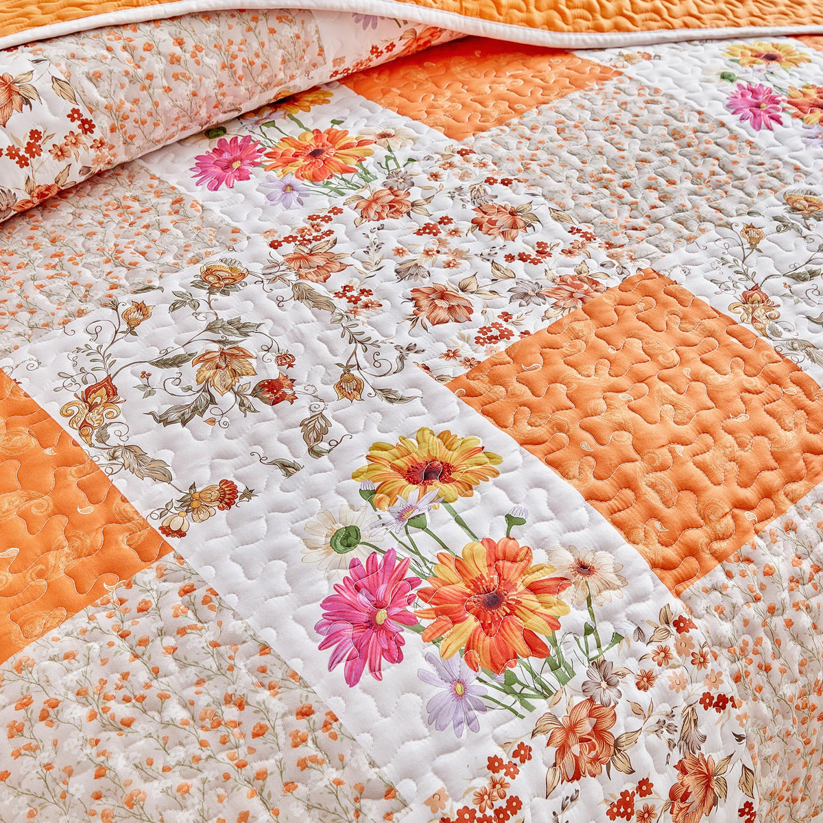 Joyreap queen patchwork quilt enhances cozy bedroom ambiance.