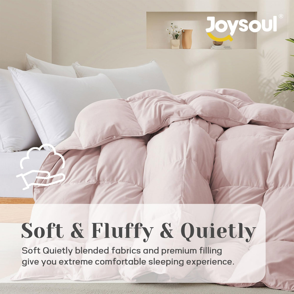 Joysoul queen-size comforter close-up reveals breathable fabric for all-season comfort.
