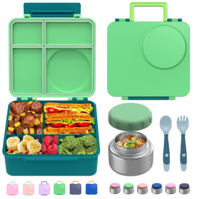 JoyYum kid's bento box with green lid closed keeps meals organized.