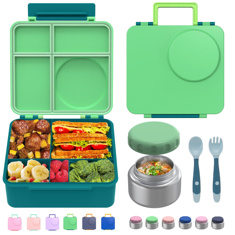 JoyYum kid's bento box with green lid closed keeps meals organized.