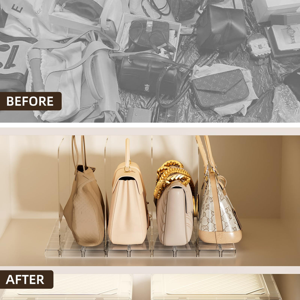 JOYZAN clear acrylic purse organizers for quick visibility and selection of handbags.