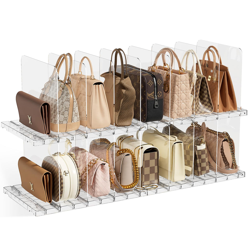JOYZAN stackable purse organizer in closet keeps bags upright and accessible.