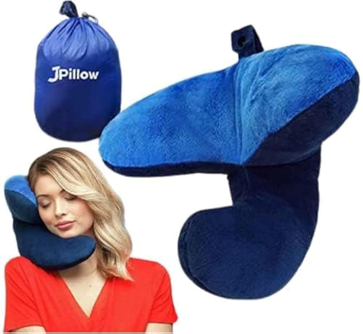 J-Pillow blue travel pillow with carry bag showcases portable comfort.