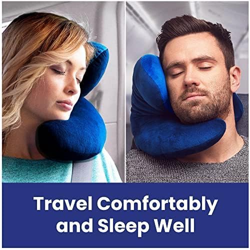 J-Pillow placed on airplane seat shows compact design for travel.