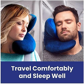 J-Pillow placed on airplane seat shows compact design for travel.