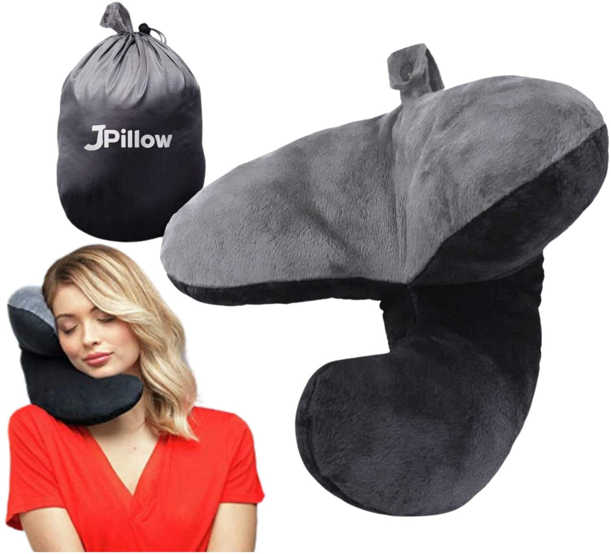 J-Pillow travel pillow showing ergonomic 3-way head support for plane seating.