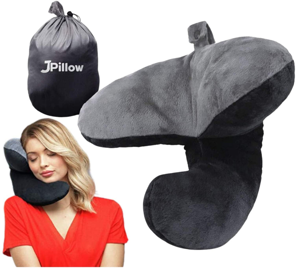 J-Pillow travel pillow showing ergonomic 3-way head support for plane seating.