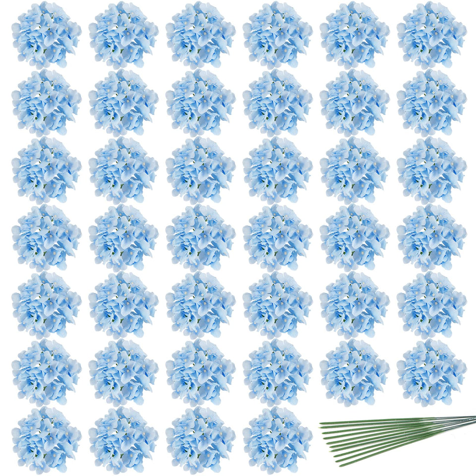 JPSOR artificial hydrangea heads, 40-count, blue petals for elegant centerpieces.