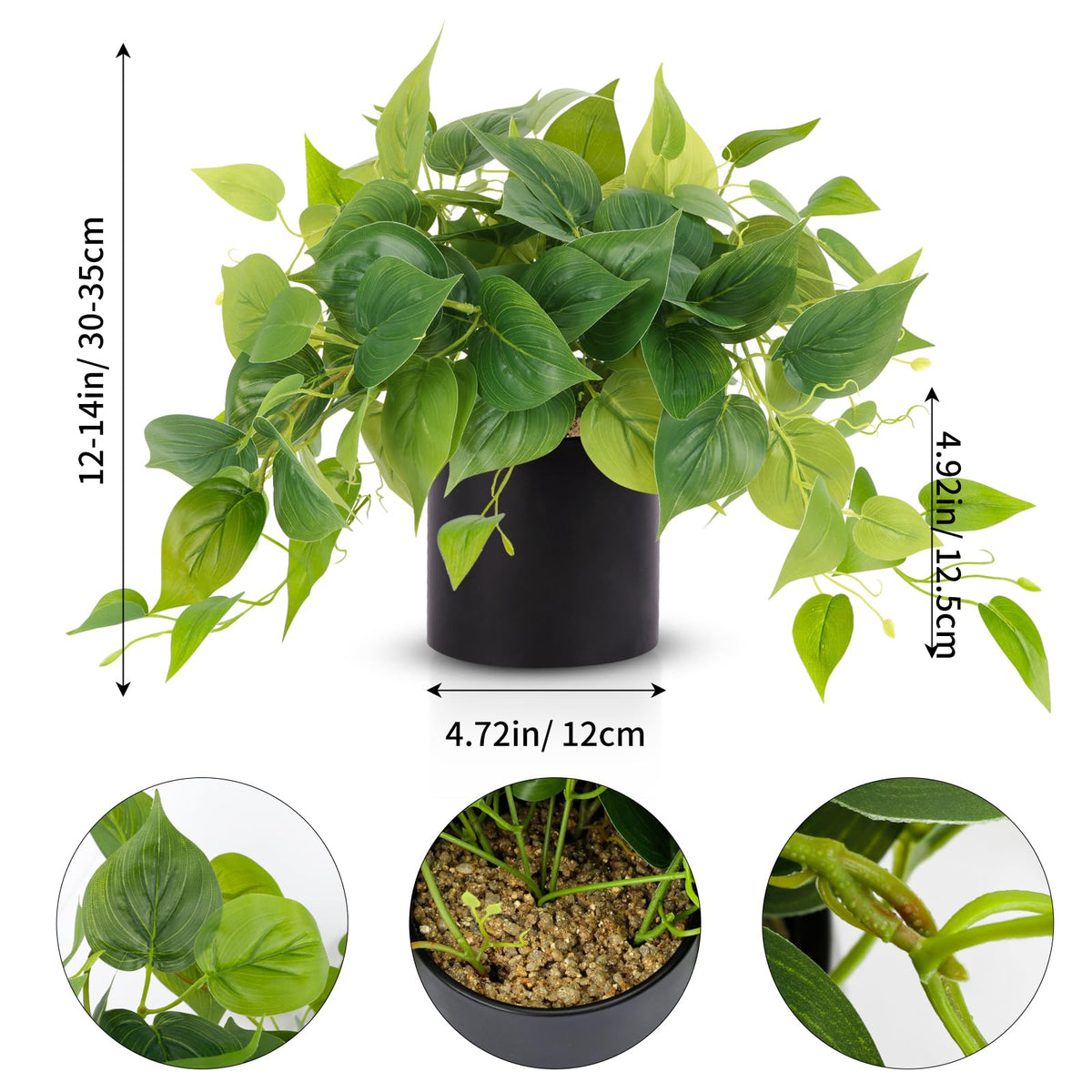 JPSOR pothos in black ceramic pot front view highlighting sturdy base for durable decor