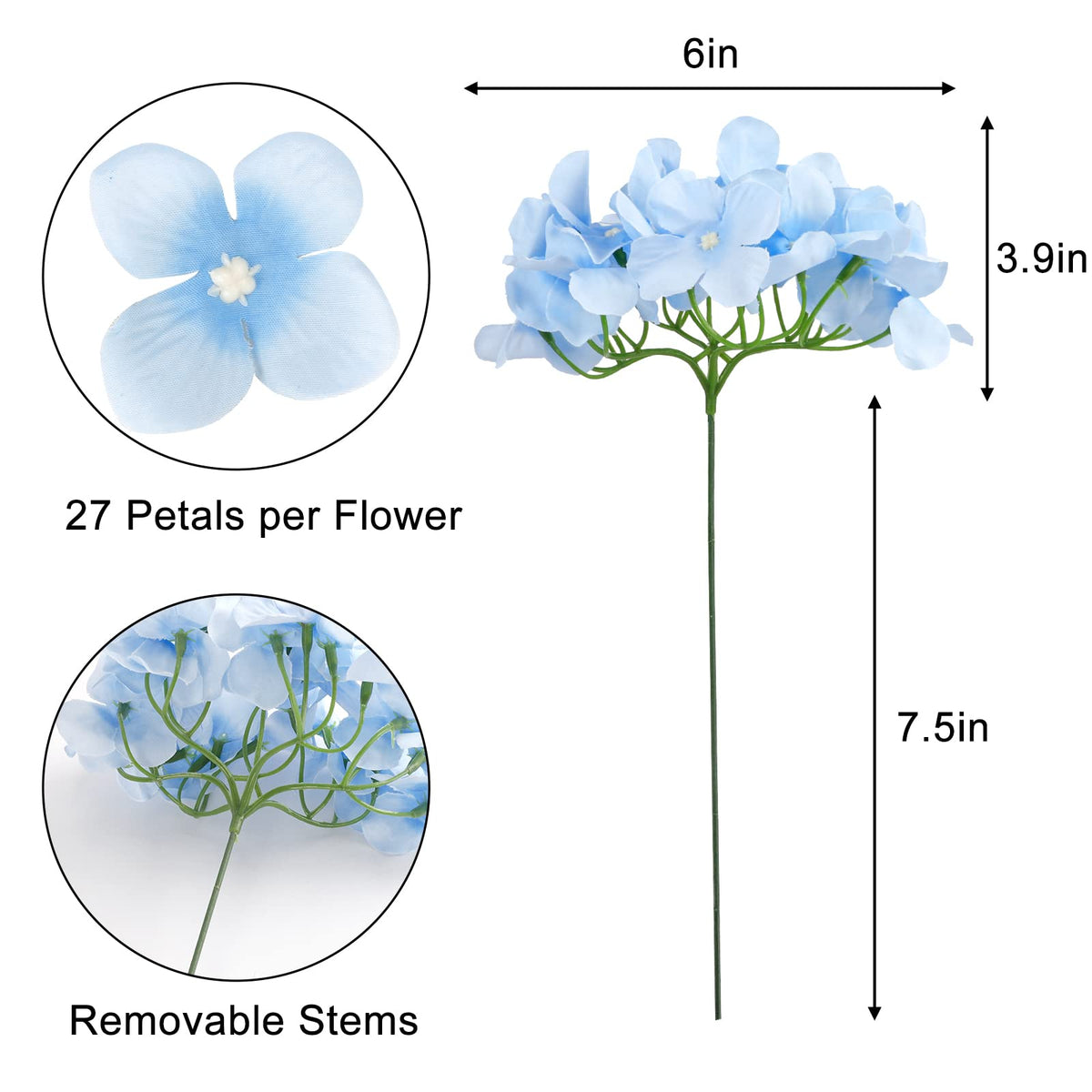 JPSOR silk hydrangea heads with 27 petals for lifelike fullness.