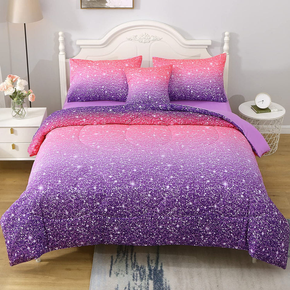 JQinHome twin pink purple comforter set with gradient glitter design for dreamy nights.