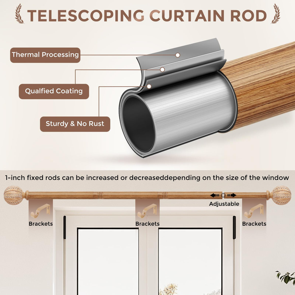JRZOO heavy-duty 1-inch curtain rod provides durable drape support.