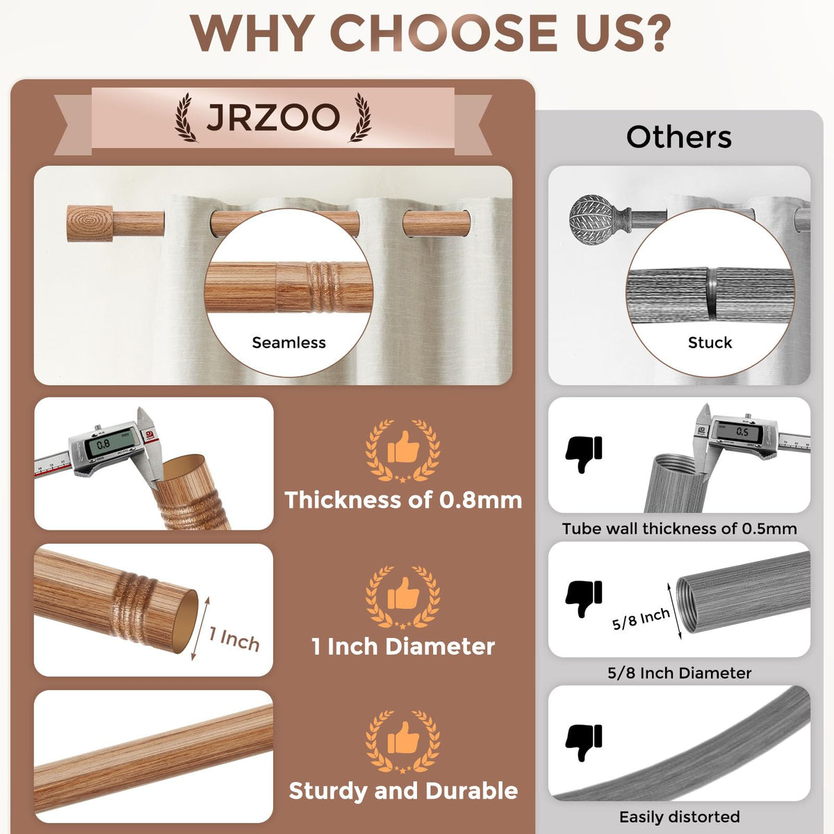 JRZOO wood curtain rod heavy-duty build shown for sturdy drapery support