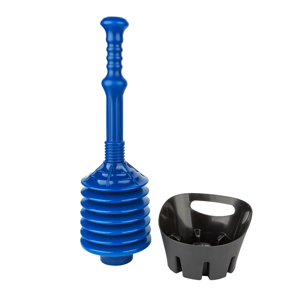 JS Jackson Supplies blue bellows plunger for powerful toilet unclogging and reliable performance.