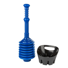 JS Jackson Supplies blue bellows plunger for powerful toilet unclogging and reliable performance.