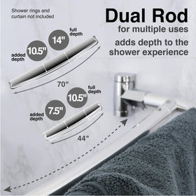 JS Jackson Supplies double-rod design frees space by separating liner, curtain, and towel.