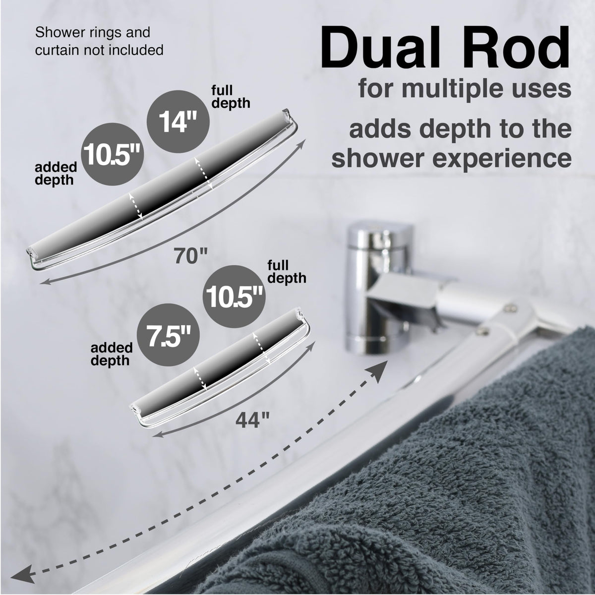 JS Jackson Supplies double-rod design frees space by separating liner, curtain, and towel.
