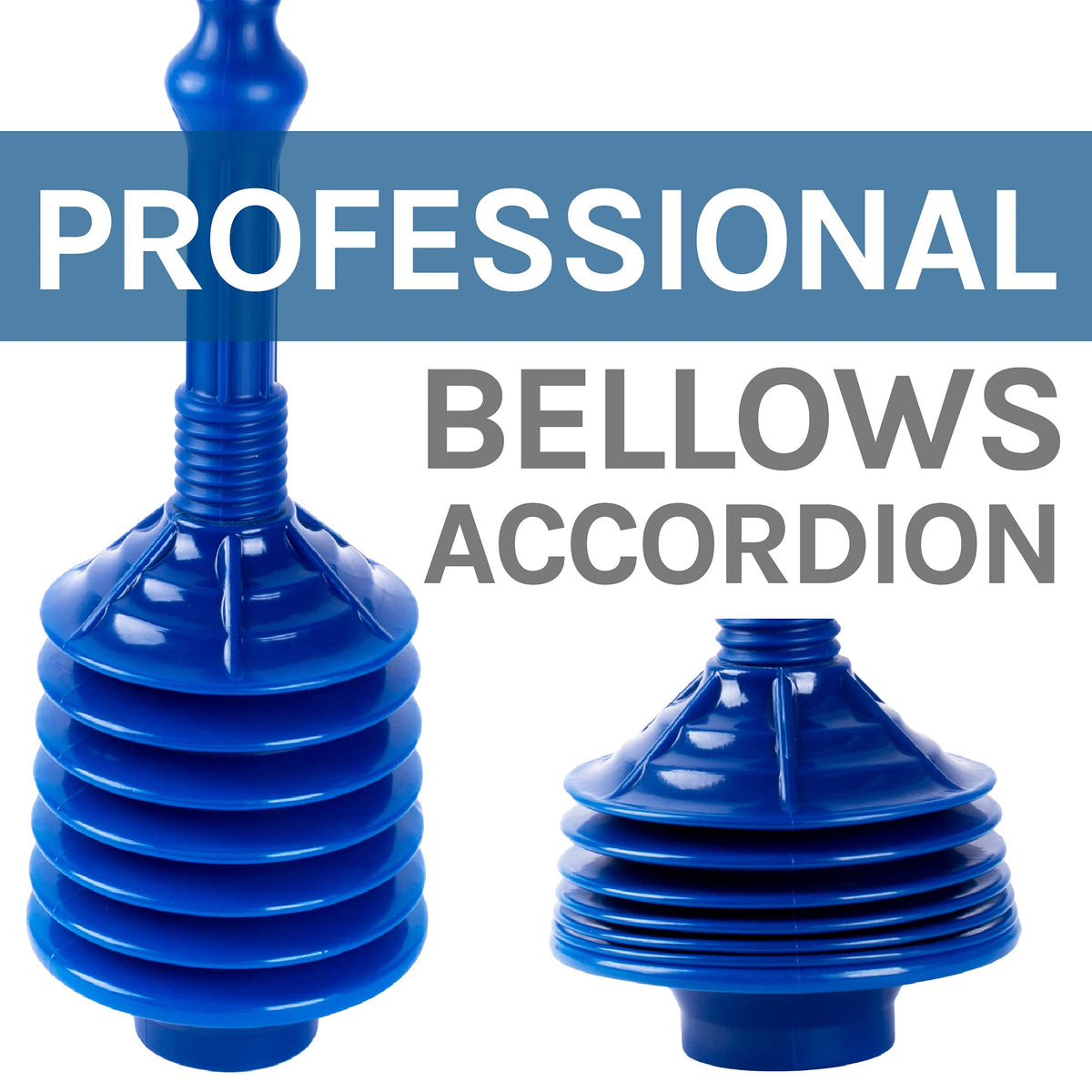 JS Jackson Supplies blue bellows plunger in action with a standard toilet for stubborn clogs.