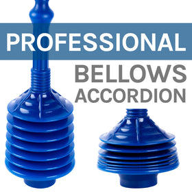 JS Jackson Supplies blue bellows plunger in action with a standard toilet for stubborn clogs.