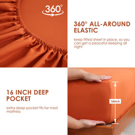 JSD Burnt Orange Queen deep-pocket sheet prevents popping off.
