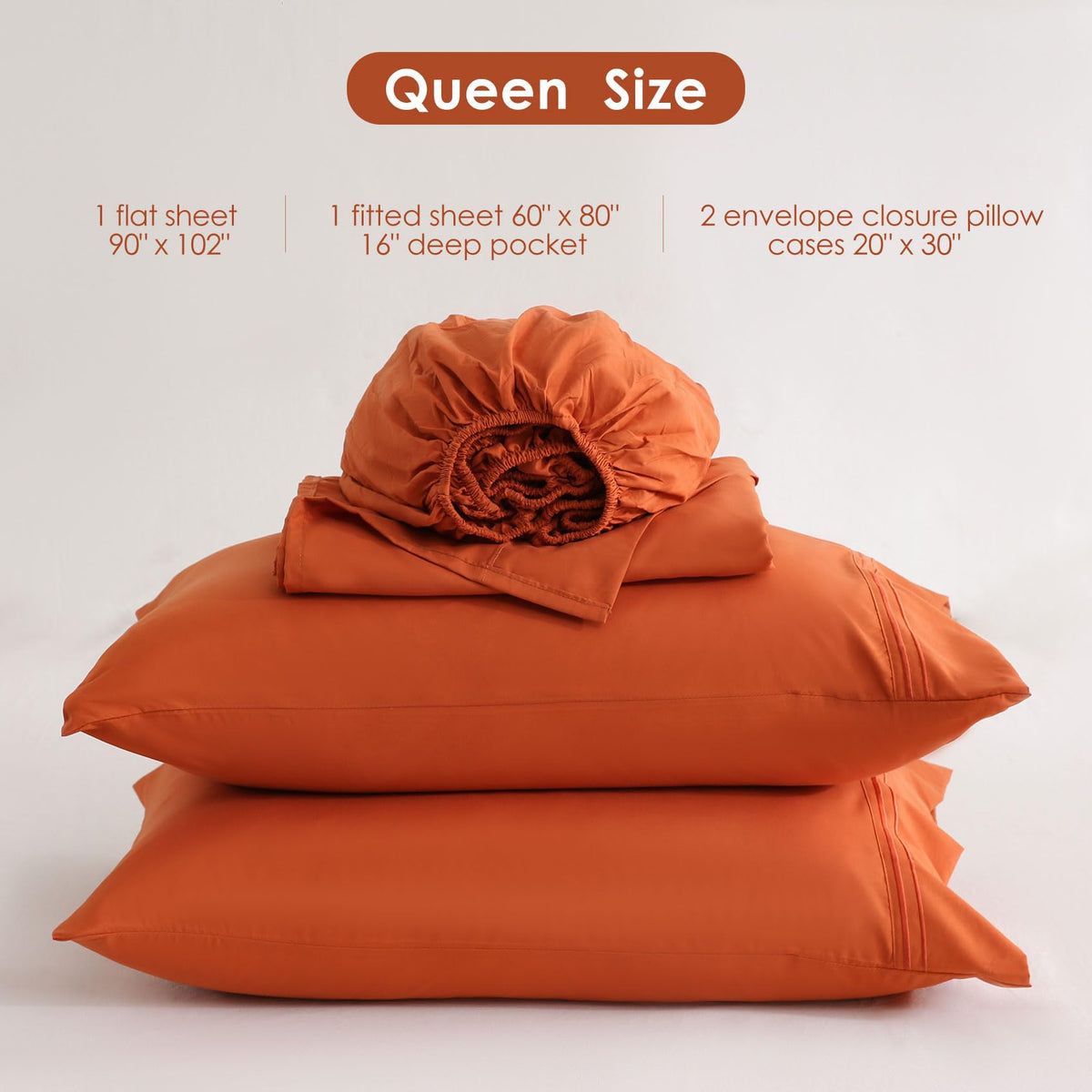 JSD Burnt Orange Queen fitted sheet with deep pocket secures snug fit.