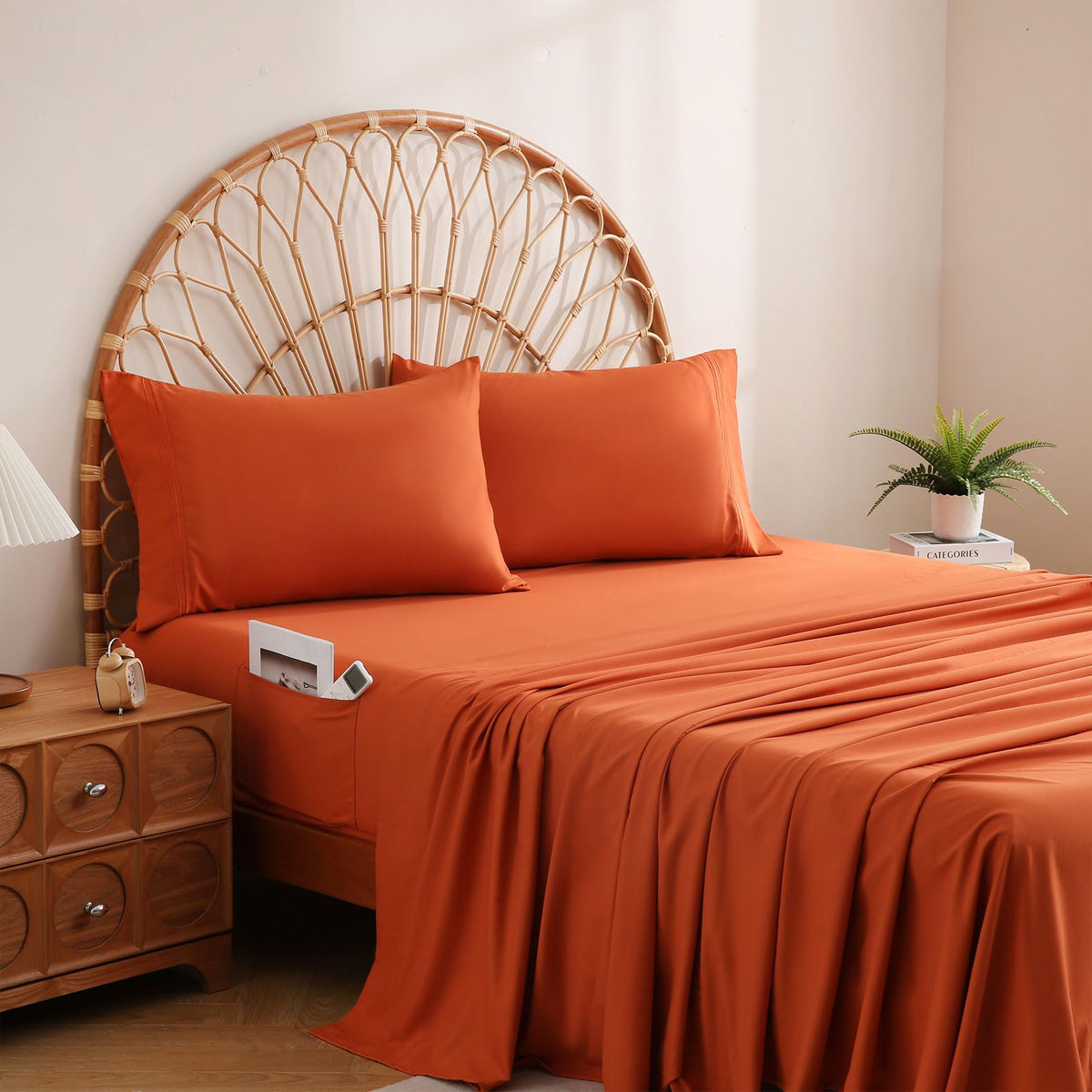 JSD Burnt Orange Queen flat sheet highlights ultra-soft microfiber for all-season comfort.