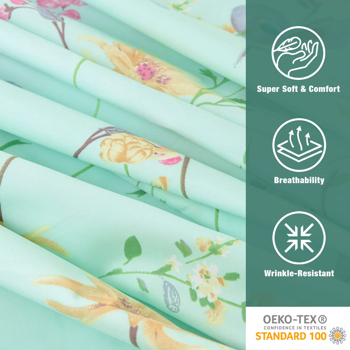 Bedroom scene featuring the JSD Green Floral Queen sheet set