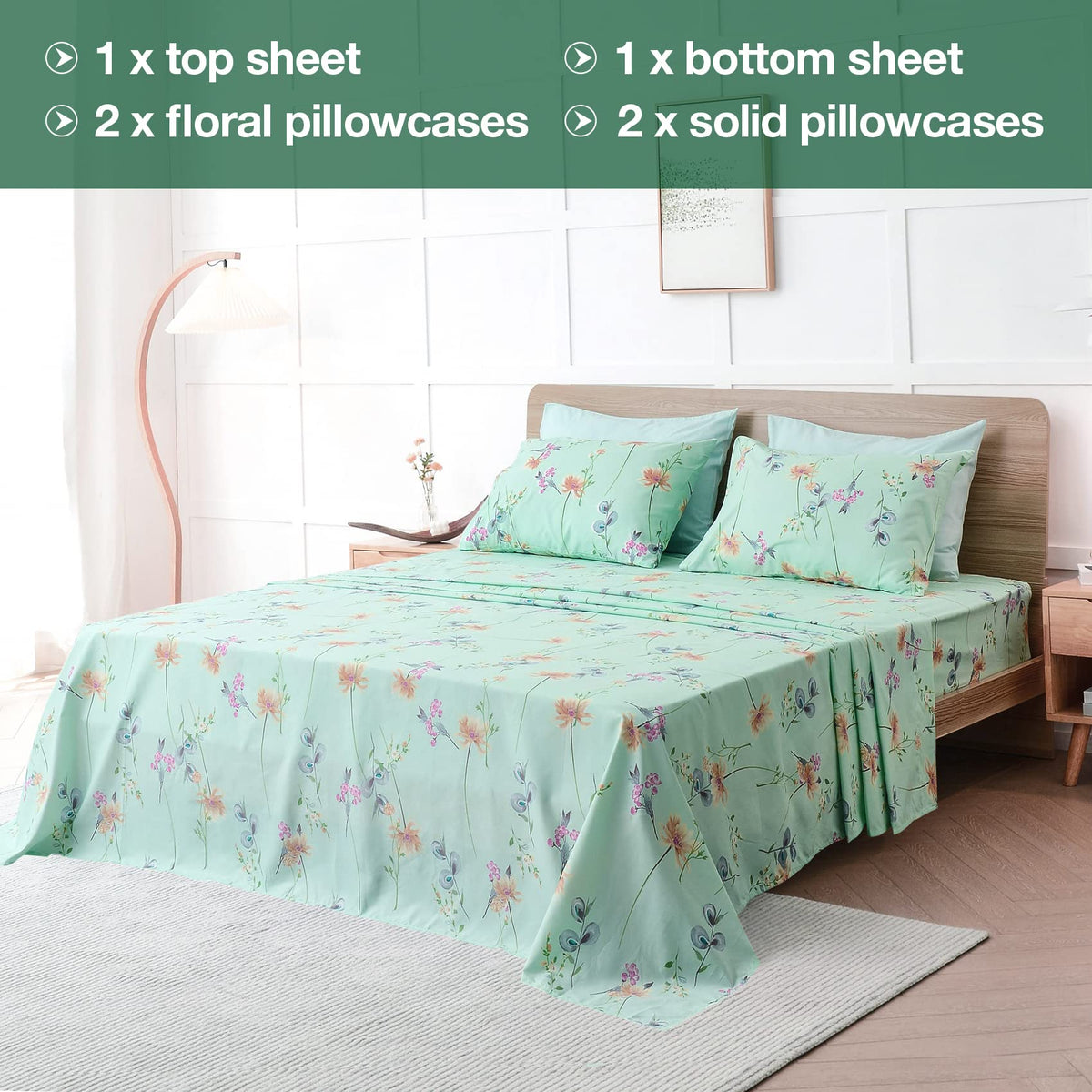 JSD Green Floral Queen fitted sheet on a deep-pocket mattress